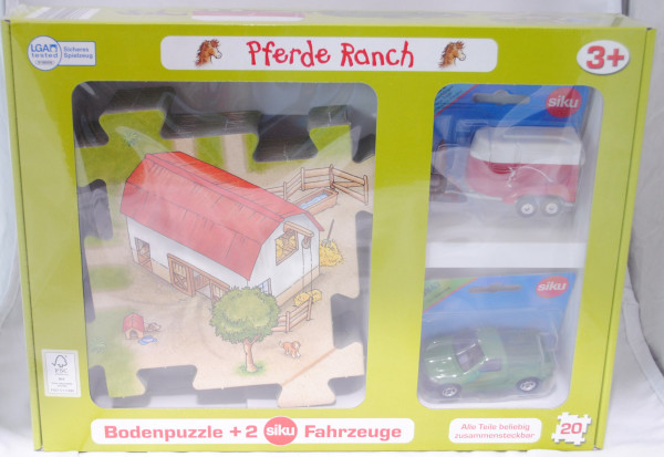 00001 20 teiliges Bodenpuzzle (78 x 63 cm) Pferde Ranch incl. 2 Siku Modelle (1020 Pferdeanhänger, r