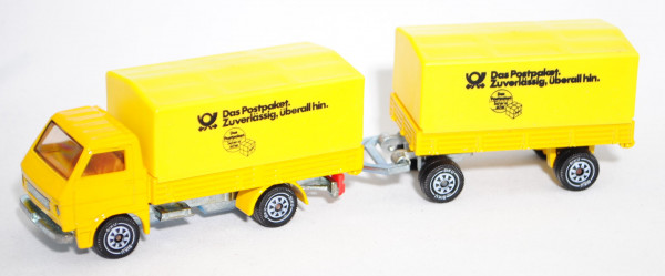 00003 MAN-VW LKW (Typ G90, Modell 1979-1987) mit Pritsche und Anhänger, gelb, Das Postpaket., L11a