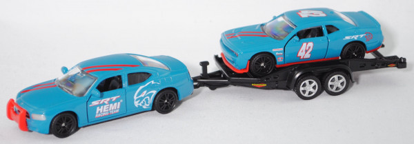 00000 Dodge Charger mit Autotransporter und Dodge Challenger Racing, d.miami blue, SIKU, L17mpK