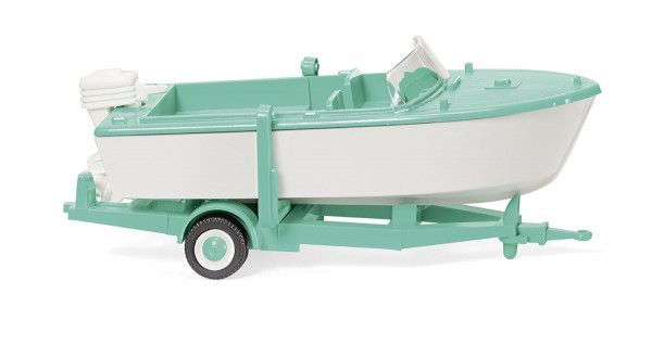 Motorboot auf Anhänger (Modell 61-65), Anhänger mintgrün; Boot: mintgrün/weiß, Wiking, 1:87, mb