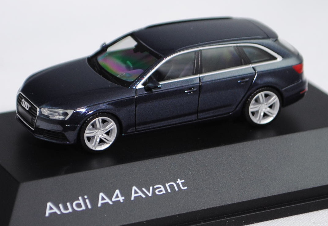 Audi A4 Avant (B9), Modell 2015-, mondscheinblau, Herpa, 1:87,  Werbeschachtel, Produktarchiv, Online-Shop