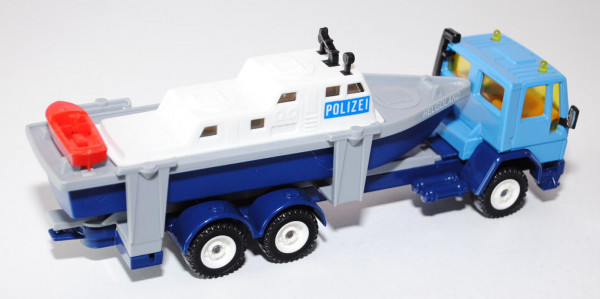 Ford Cargo LKW mit Motorboot, lichtblau/saphirblau/weiß, POLIZEI / HELGOLAND, Rettungsboot verkehrsr