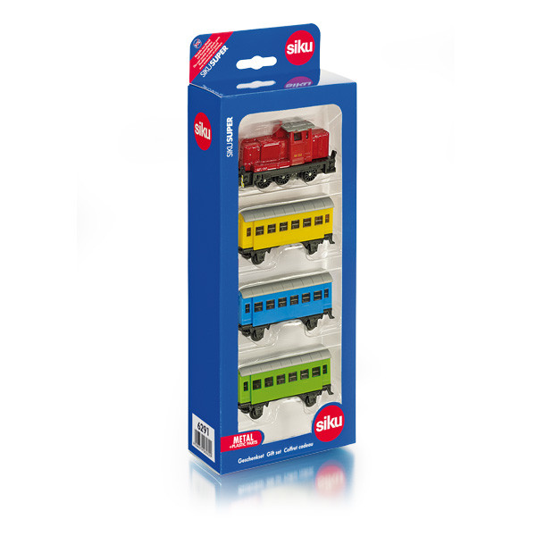 Geschenkset Eisenbahn 1 bestehend aus: Diesellok und 3 Personenwagen, karminrot/verkehrsgelb/himmelb