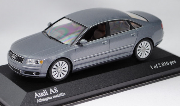 Audi A8 4.2 quattro (D3, Typ 4E, Modell 2002-2005), atlasgrau metallic, Minichamps, 1:43, PC-Box