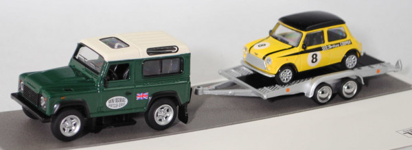 Land Rover Defender 90 mit Autotransportanhänger und Mini Cooper, grün + gelb, Schuco, 1:64, mb