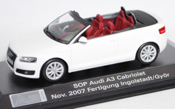 Audi A3 Cabriolet 2.0 TFSI Ambition (Mod. 08-13), ibisweiß, SOP 2007, Minichamps, 1:43, Werbebox
