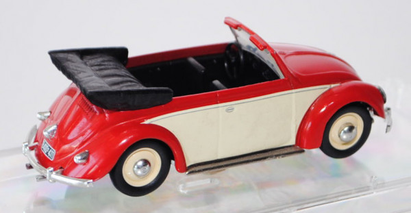 VW Käfer Cabriolet offen (Typ 15), Modell 1949, verkehrsrot/hellelfenbein, VITESSE, 1:43, PC-Box