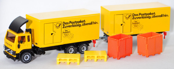 00006 Volvo F7 TURBO DBP Lastzug mit Kofferaufbau, gelb, Das Postpaket. / Zuverlässig, überall hin.