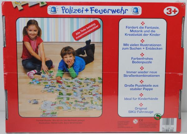 00001 20 teiliges Bodenpuzzle (78 x 63 cm) Polizei+Feuerwehr, incl. 2 Siku Modelle (0807 Polizei-Hub