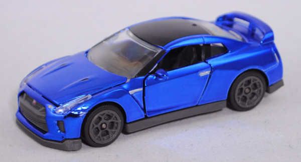 Nissan GT-R (Typ R35 NISMO MY17, Mod. 14-), schwarz/blaumetallic, majorette, ca. 1:61, Blister + Box