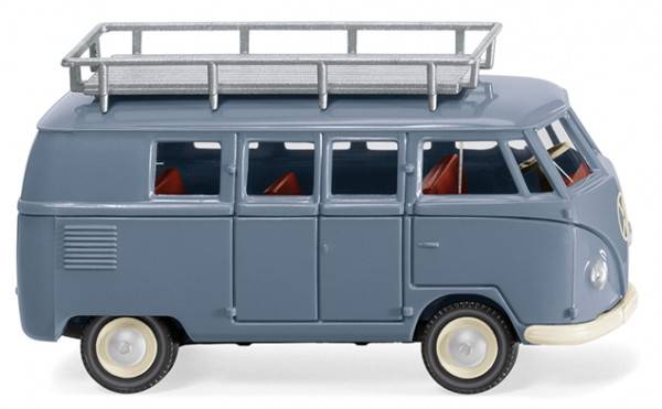 VW Transporter T1 1100 Kleinbus (Typ 2 T1, Mod. 50-54, Baujahr 1950) mit Dachgepäckträger, blau/weiß
