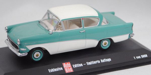 Opel Rekord P1 1500 (Modell 1958-1960), Dach alabastergrau, türkis, Minichamps, 1:43, PC-Box
