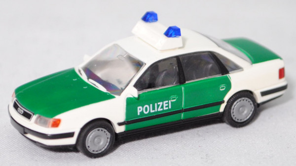 Audi 100 quattro 2.8 E (C4, Modell 1990-1994) Polizei, weiß/grün, Radzierblenden, Rietze, 1:87, mb