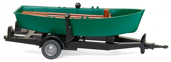 Ruderboot auf Anhänger (Modell 1961), Anhänger schwarz, Bootsrumpf türkisgrün, Wiking, 1:87, mb