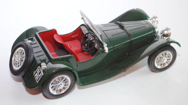 Jaguar SS 100 (1937), dunkelgrün, Motorhaube zu öffnen, mit Lenkung, Bburago, 1:18