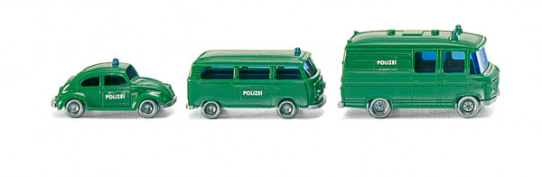 Polizei-Einsatzfahrzeuge: VW Käfer ELF + VW T2a GW + MB L 406 D RTW, grün, N-Spur, Wiking, 1:160, mb
