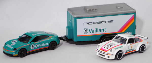 Porsche Taycan Turbo S + Autotransporter + Porsche 934 oder RSR vom Team Vaillant, majorette, mb