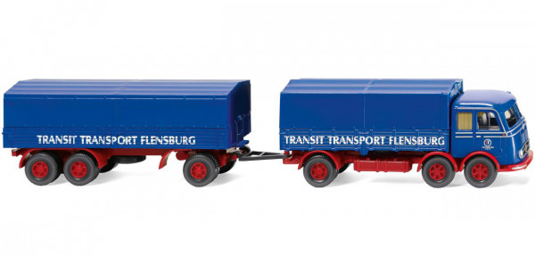 MB LP 333 (Mod. 58-61) Pritschenhängerzug, blau, TRANSIT TRANSPORT FLENSBURG, Wiking, 1:87, mb