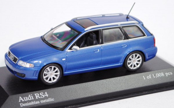Audi RS 4 (1. Gen., B5, Typ 8D5, Modell 1999-2001), denimblau perleffekt, Minichamps, 1:43, PC-Box