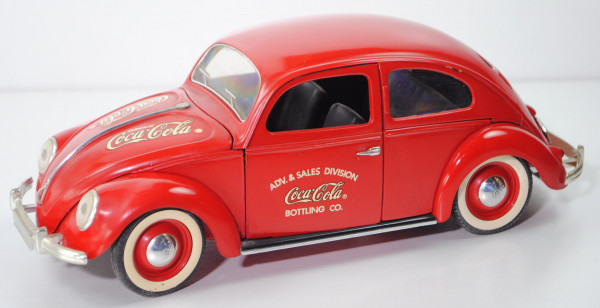 VW Käfer (Typ 11, Modell 1946-1953), rot, Coca-Cola®, Reifen vorne gerissen, solido, 1:17, Werbebox
