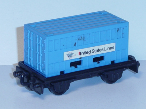 Flat Car, schwarz, PSI Container lichtblau, United States Lines, Matchbox