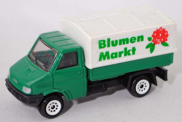 00001 IVECO TurboDaily (Mod. 90-96) Kleinlastwagen, türkisgrün, Blumen/Markt, SIKU, Plane vergilbt