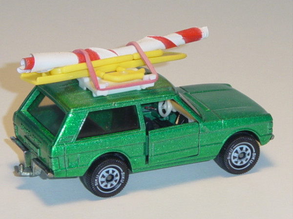Range Rover «Classic» Dreitürer mit Surf-Brett, Modell 1970-1985, verkehrsgrünmetallic, innen schwar