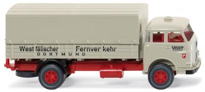 MAN Pausbacke Pritschen-LKW, Modell 1960-1967, kieselgrau/rot, VOGT / DORTMUND / Westfälischer Fernv