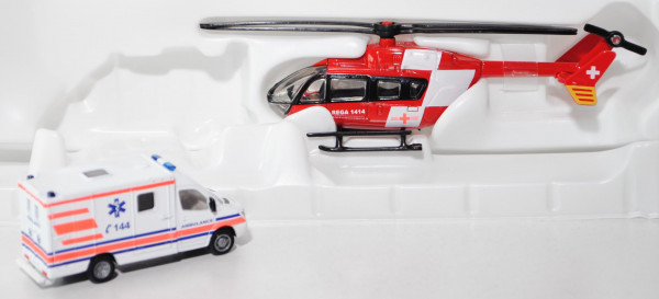 CHF-Rettungsdienst-Set bestehend aus Mercedes Sprinter und Hubschrauber, weiß mit Streifen in tagesf