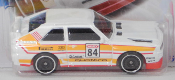 Audi sport quattro (Typ 85Q, Modell 1984-1986), alpinweiß, Startnummer 84, Hot Wheels, 1:61, Blister