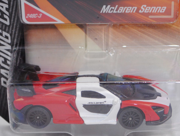 McLaren Senna (Typ Coupé, interne Bezeichnung P15, Mod. 18-), rot/weiß, majorette, 1:56, Blister