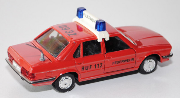 BMW 528i (Typ E28) Feuerwehr, Modell 1981-1984, verkehrsrot, FEUERWEHR RUF 112 / 09 32, Türen + Heck