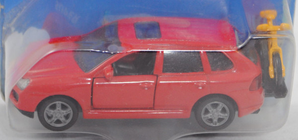 00001 Porsche Cayenne Turbo (Typ 9PA, Mod. 2002-2006) mit Fahrradträger, rot, SIKU, 1:57, P28a offen