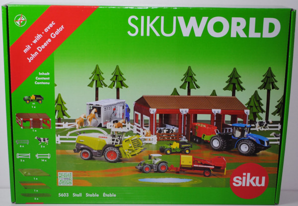 Stall für SIKU World, incl. John Deere XUV 855D PS 4x4 Gator (vgl. 1481) und 2 schwarze/weiße Kühe,