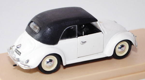 VW Käfer Cabriolet geschlossen (Typ 15), Modell 1950, reinweiß, Türen zu öffnen, Sitzlehnen klappbar