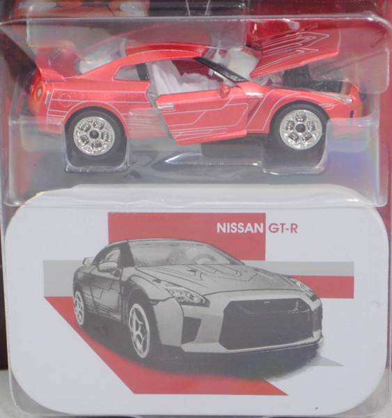 Nissan GT-R (Typ R35 Mk4, Modell 2016-2019), hell-rubinrotmetallic matt, majorette, 1:62, Blister