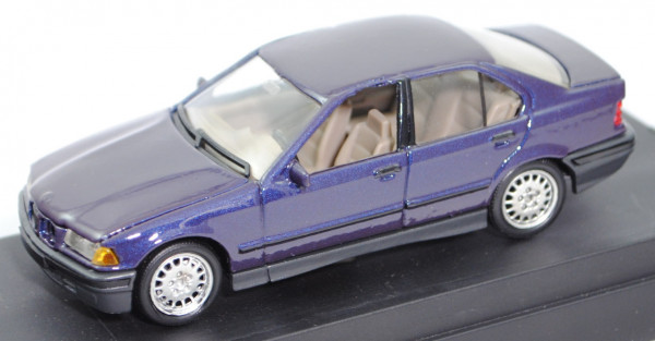BMW 325i Limousine (Baureihe E36, Modell 1990-1995), dunkel-nachtblaumetallic, Solido, 1:43, PC-Box