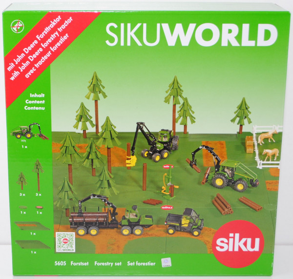 00000 Forstset für SIKU World, incl. 2 Platten, 6 Bäume, John Deere 8430 Forsttraktor mit Überrollbü