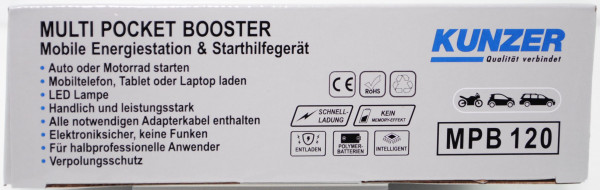 KUNZER Multi-Pocket-Booster, Li-Ion-Polymer Batterie mit einer Kapazität von 12.000 mAH; Startstrom: