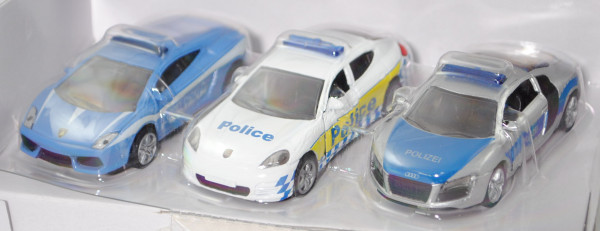 00001 Geschenkset Polizei: Lamborghini Gallardo + Porsche Panamera, B47 offen + Audi R8, L17mpP