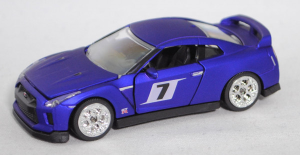 Nissan GT-R (Mod. 16-19), matt-blauviolett, Nr. 7, majorette, 1:61, Blister mit Land Rover Defender
