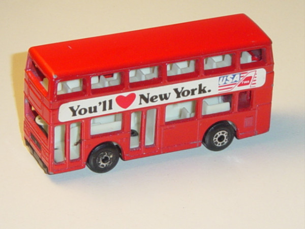 Leyland Titan LONDON Bus, verkehrsrot, You\'ll love New York. USA TWA, Matchbox, mit Farbabplatzern