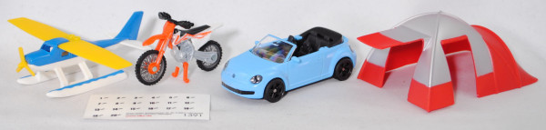 00001 Freizeit-Set: Wasserflugzeug + KTM SX-F 450 + VW The Beetle Cabrio in blau + Zelt, SIKU, P32mp