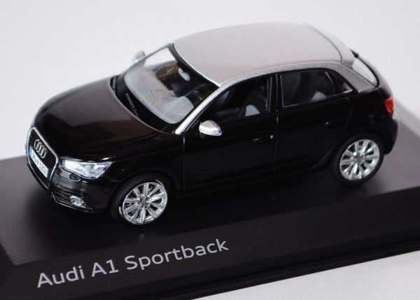 Audi A1 Sportback (Typ 8XA, Mod. 2012-2014), phantomschwarz/florettsilber, Kyosho, 1:43, Werbebox
