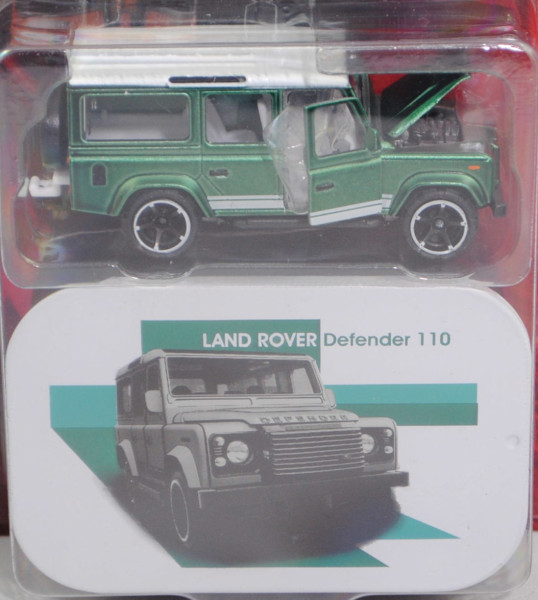 Land Rover Defender 110 (Modell 1990-2016), hell-moosgrünmet., Dach weiß, majorette, 1:60, Blister