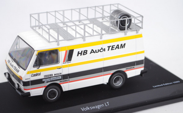 VW LT Kastenwagen, weiß, HB Audi TEAM / Castrol / BOGE / BOSCH / RECARO / MICHELIN, Schuco, 1:43, mb