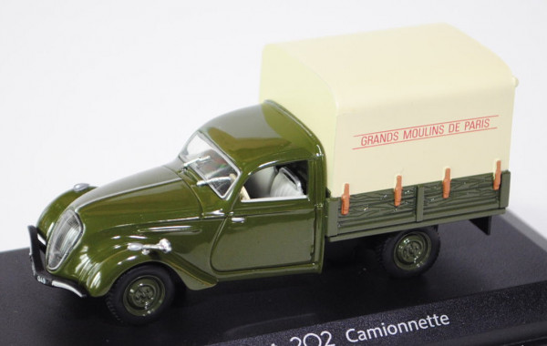 Peugeot 202 UH Pickup mit Plane (Camionnette), Modell 1945-1949, olivgrün/grünbeige, GRANDS MOULINS