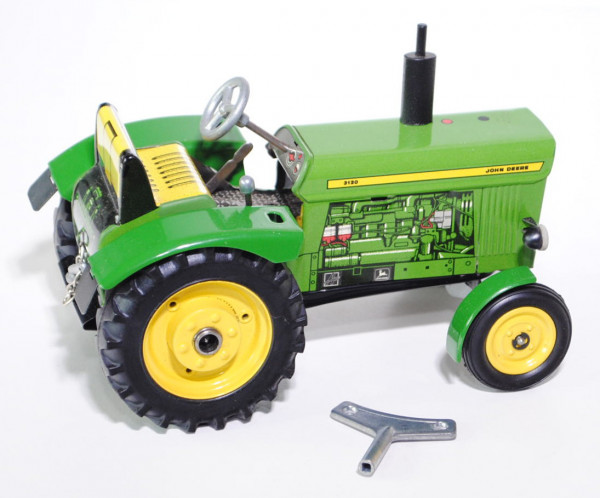 John Deere 3120 Traktor, grasgrün/zinkgelb, Federwerk-Antrieb, 3 Vorwärts- und 1 Rückwärtsgang, Hand