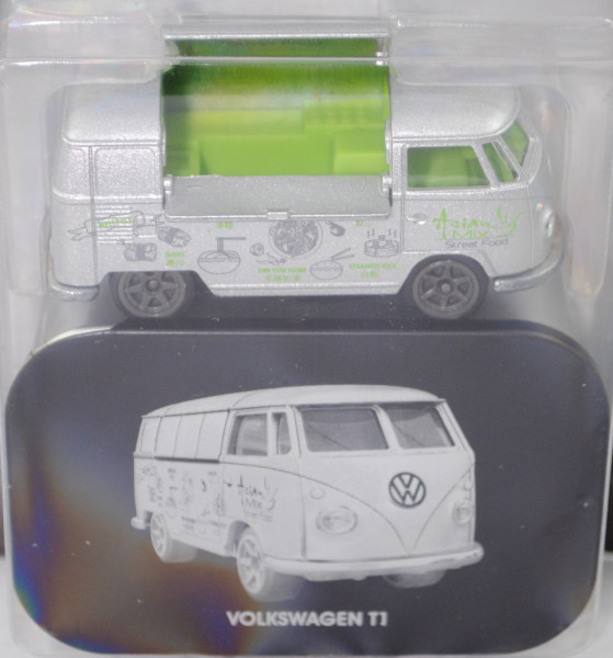 VW Transporter (Typ 2 T1, Modell 1960-1963) Food Truck, silber, mit Metalldose, majorette, 1:59, mb
