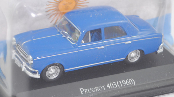 Peugeot 403 (4-türige Stufenhecklimousine, Mod. 60-65), signalblau, EDITION ATLAS, 1:43, Hauben-Box